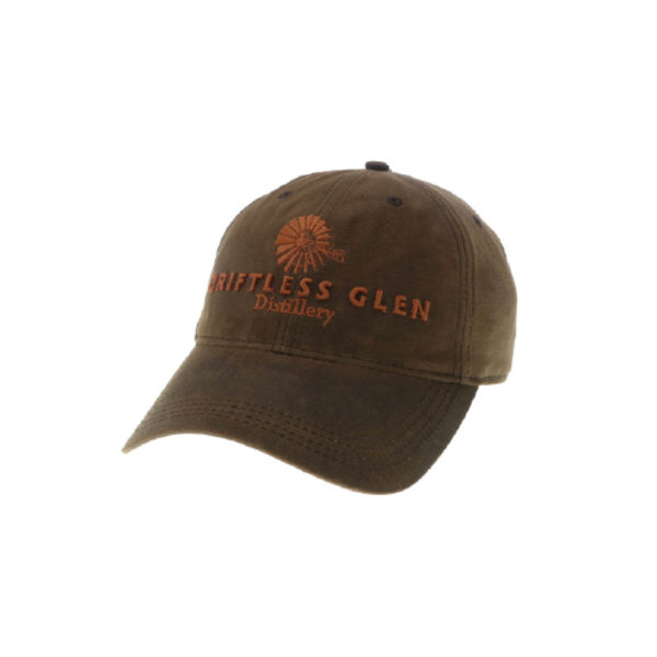 brown hat with the driftless glen logo on the front of it