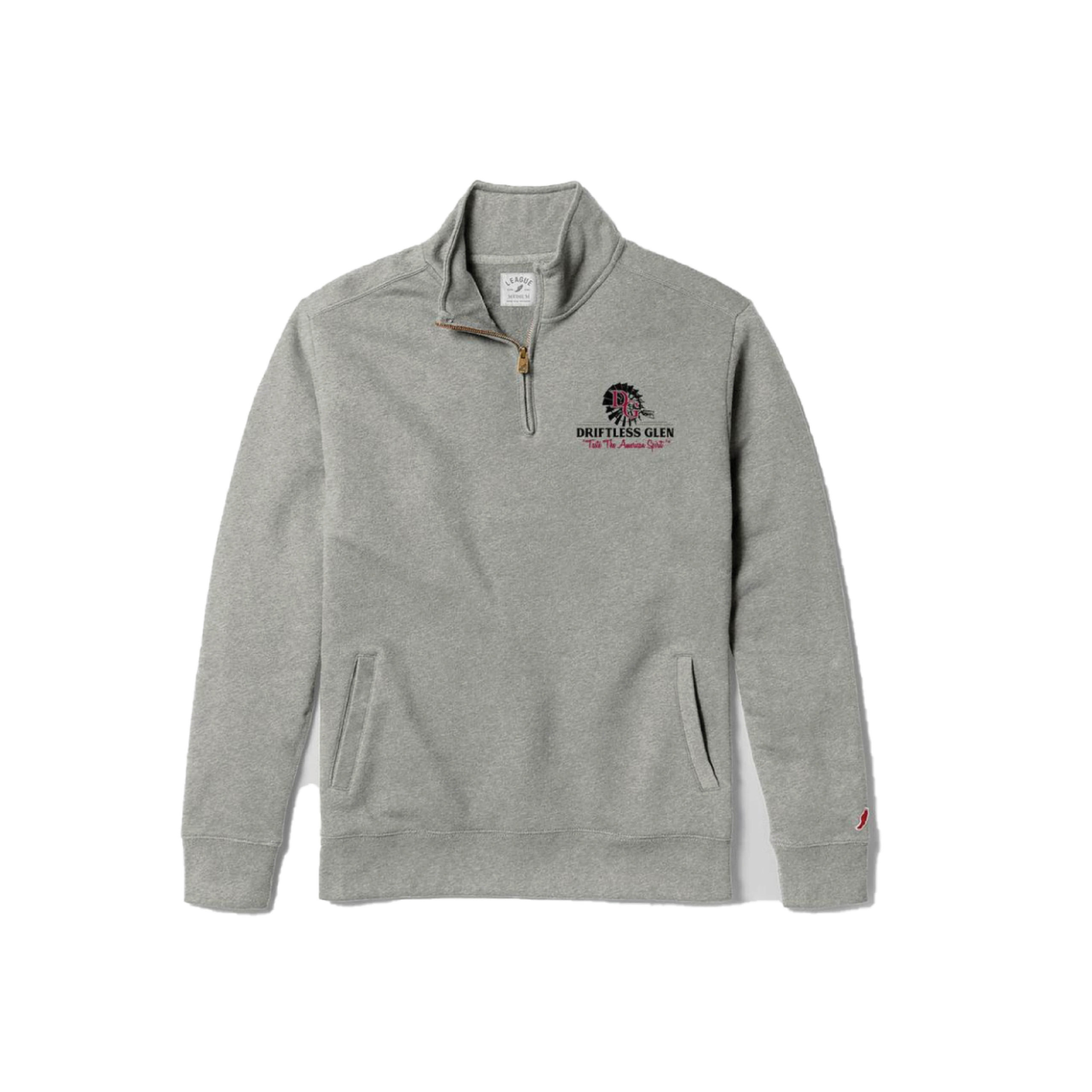 grey quarter zip sweatshirt with the dg logo on the front chest area