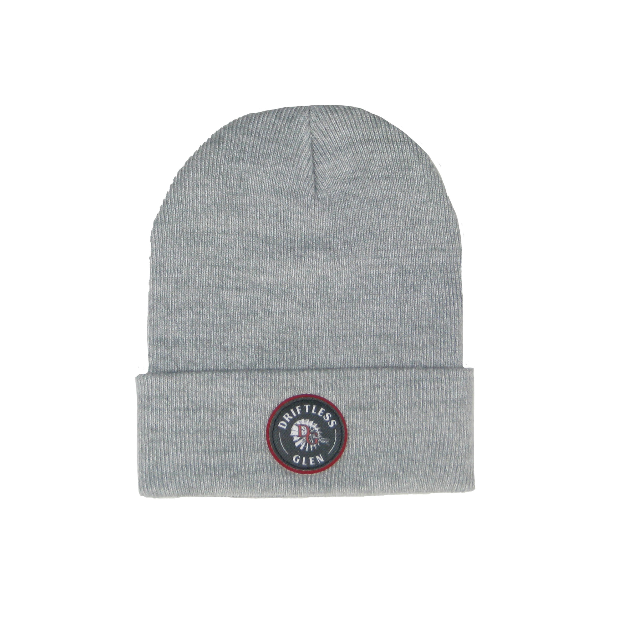 Grey beanie with black and red circle logo patch