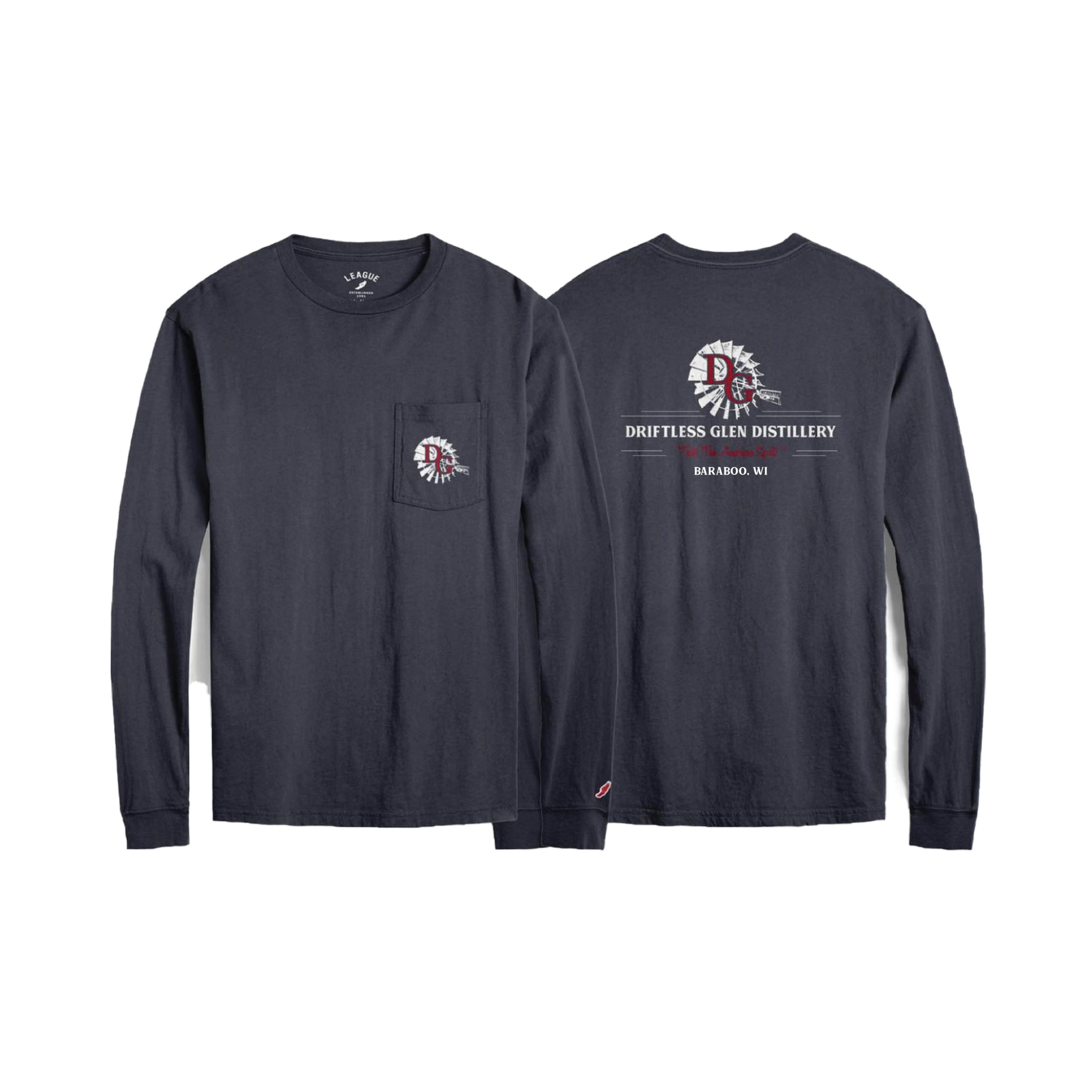 Long sleeve navy t-shirt with a pocket on the front and our logo large on the back