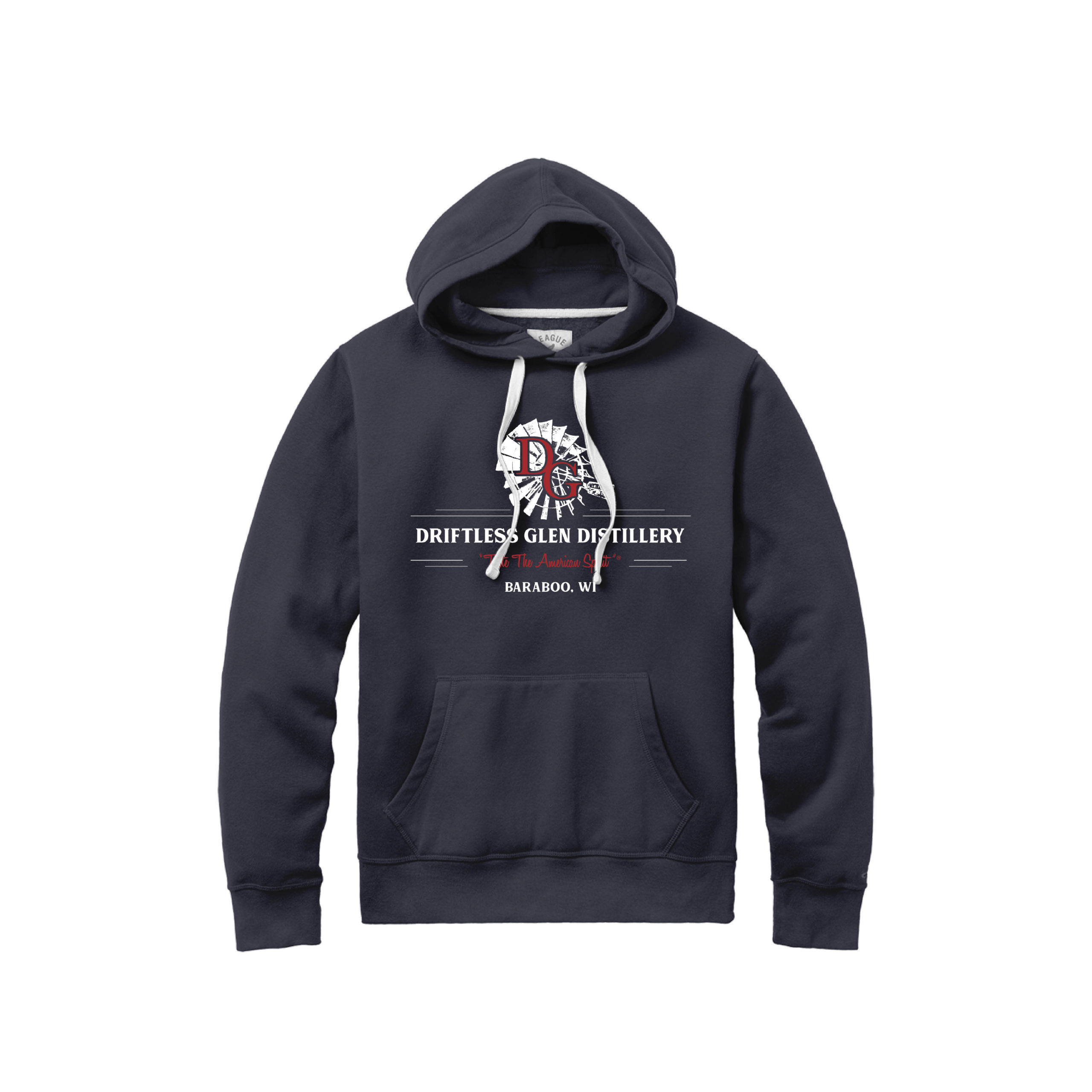 navy stadium hoodie with red and white logo on the front