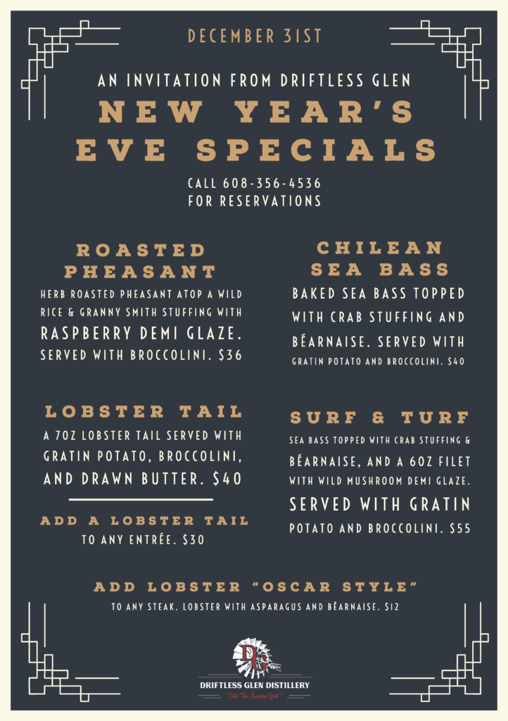 a blue and gold image of our new year's eve specials menu invitation style with fancy script