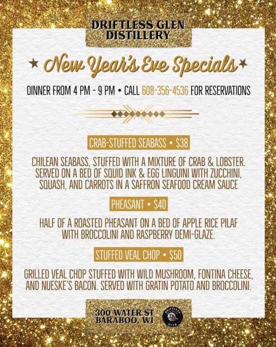 Sparkly gold poster that lists the New Year's Eve specials. Crab-stuffed seabass, pheasant, and stuffed veal chop.