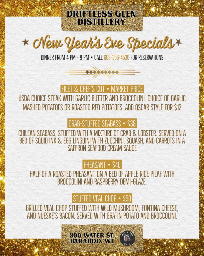 Sparkly gold poster that lists the New Year's Eve specials. Crab-stuffed seabass, pheasant, and stuffed veal chop.