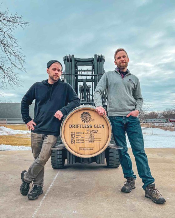 Our distillers Max and Nathan with barrel 7000