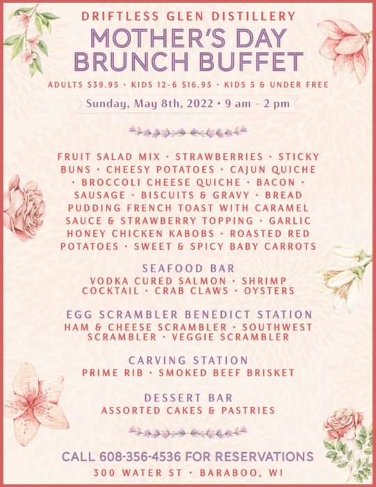 Mother's Day Brunch Buffet menu with pink flowers and purple food items such as a carving station